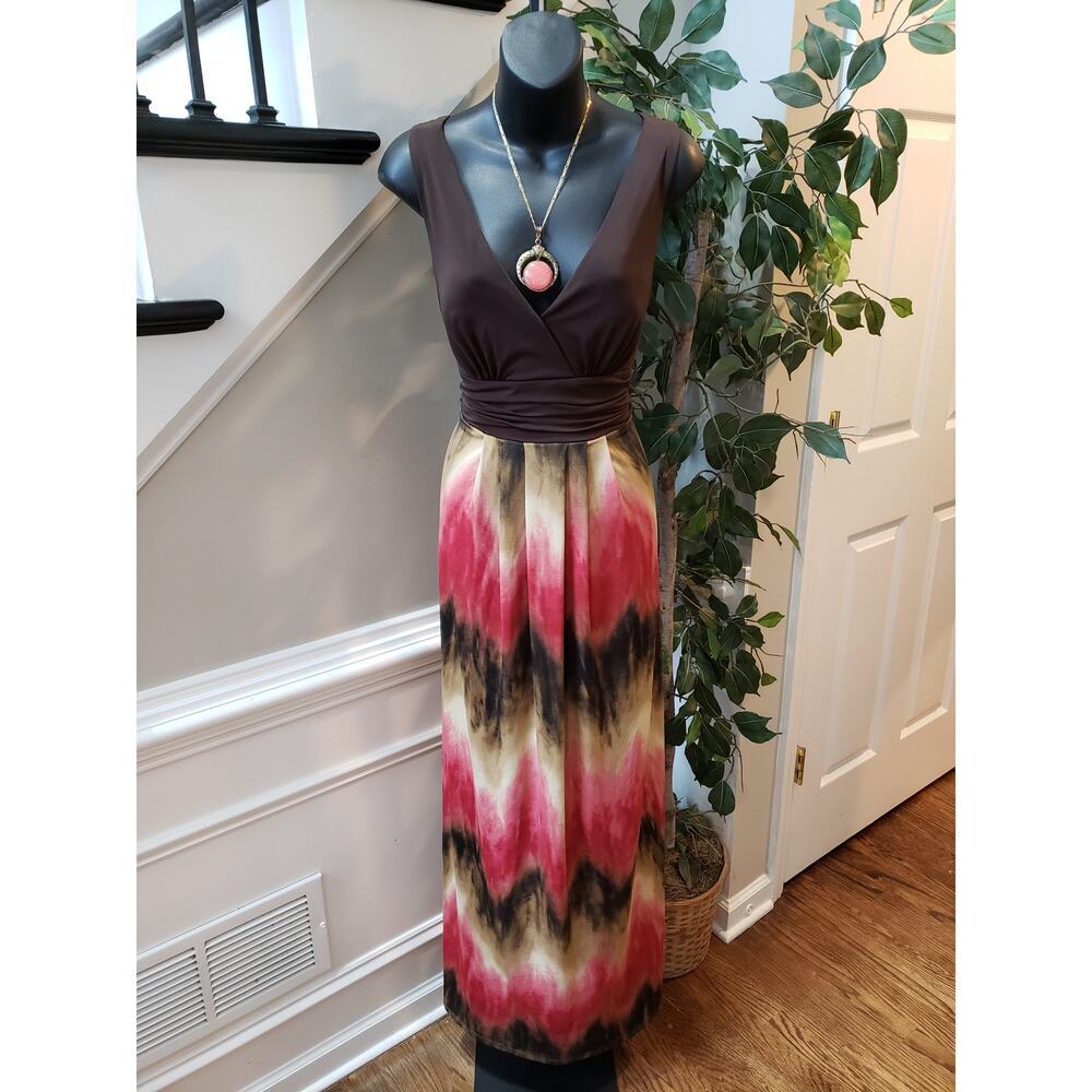 Roulette Long Maxi Dress Women's Large Brown Polyester Stretch V-Neck Sleeveless